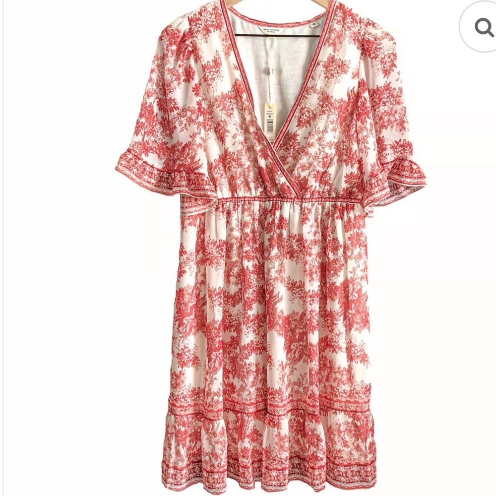 Max Studio Feminine French Toile Short Dress Red & White
